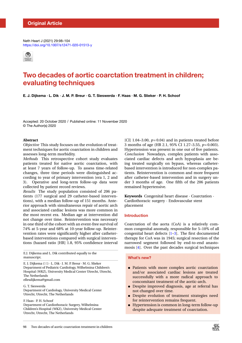 Pdf Two Decades Of Aortic Coarctation Treatment In Children Evaluating Techniques