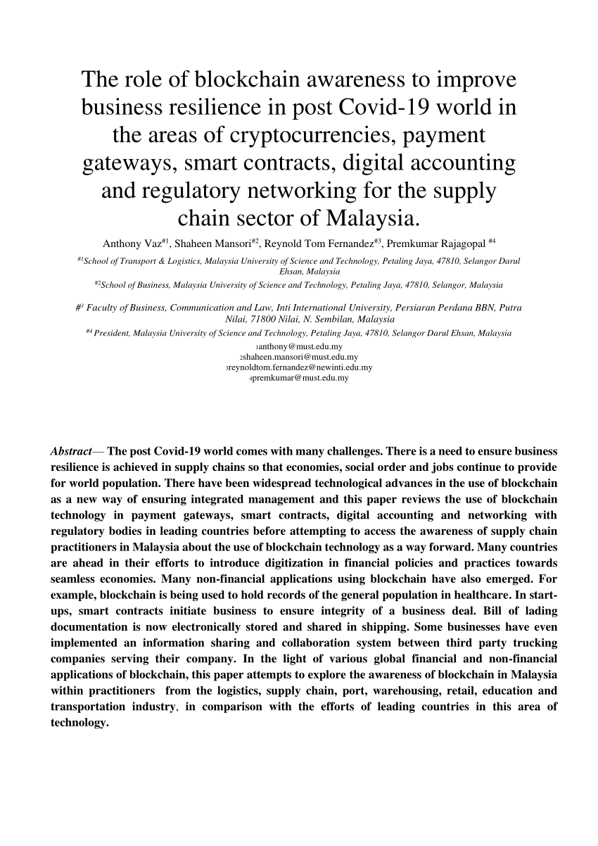 Pdf The Role Of Blockchain Awareness To Improve Business Resilience In Post Covid 19 World For The Supply Chain Sector Of Malaysia
