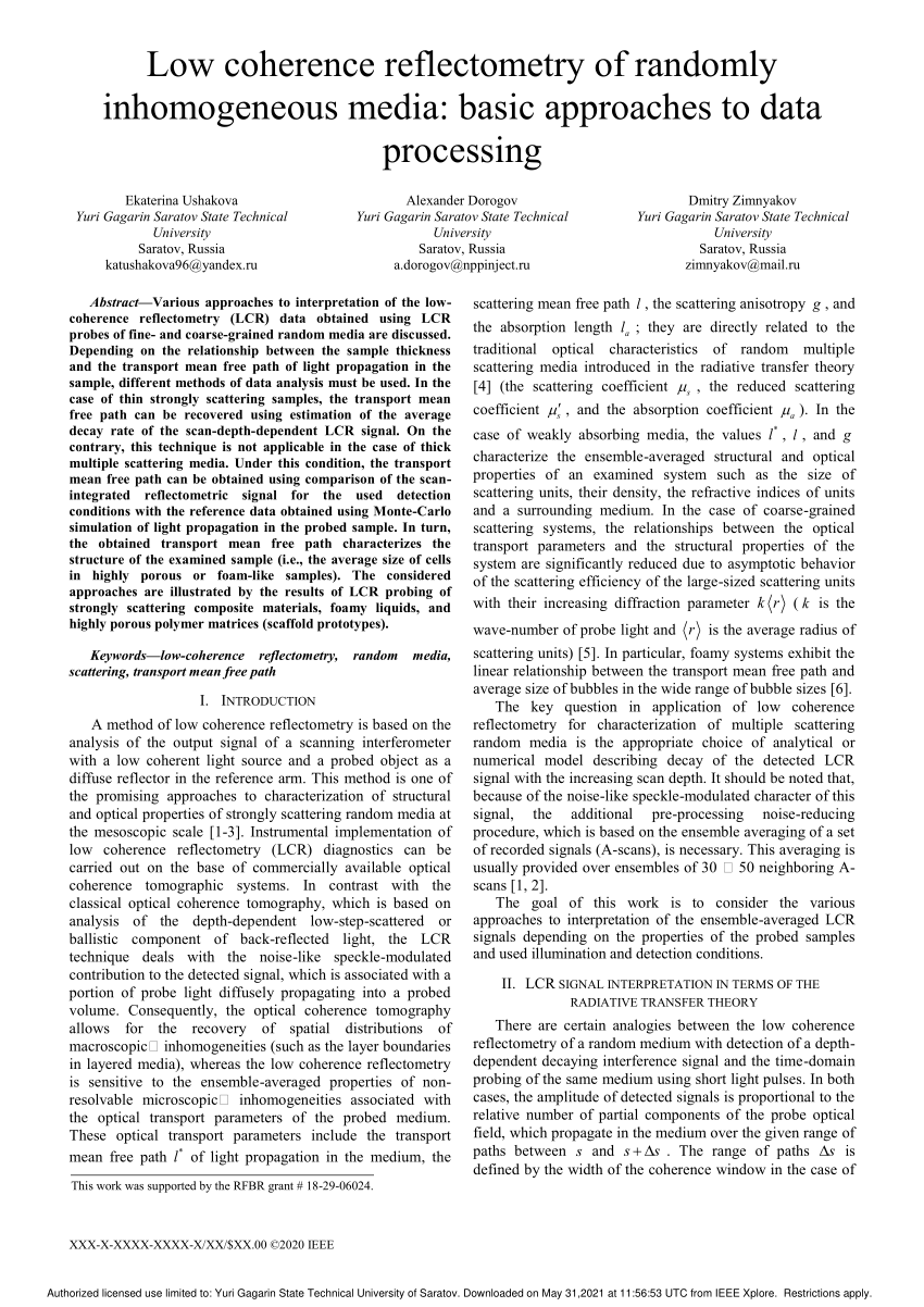 PDF) Low coherence reflectometry of randomly inhomogeneous media: basic  approaches to data processing