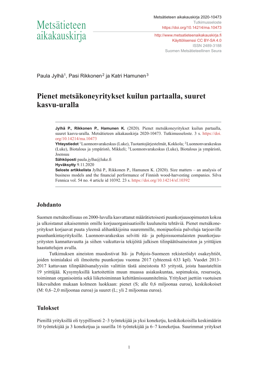 PDF) Pienet metsäkoneyritykset kuilun partaalla, suuret kasvu-uralla