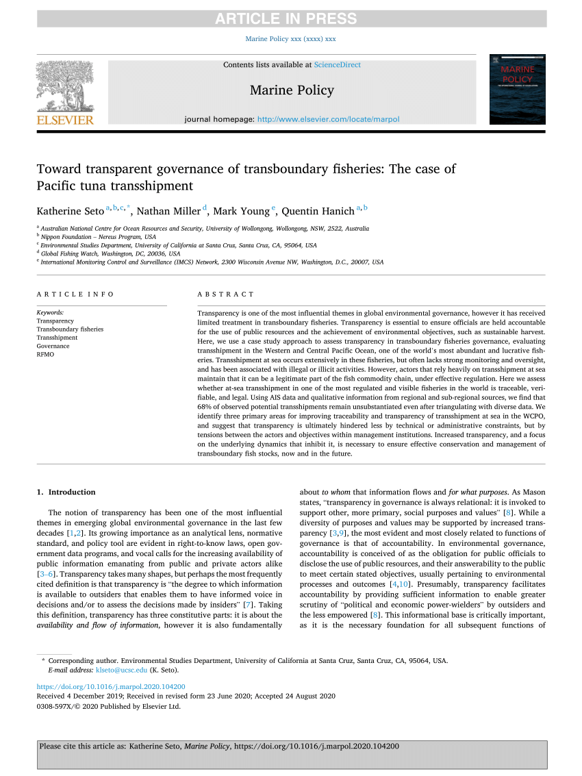 PDF) Toward transparent governance of transboundary fisheries: The case of  Pacific tuna transshipment