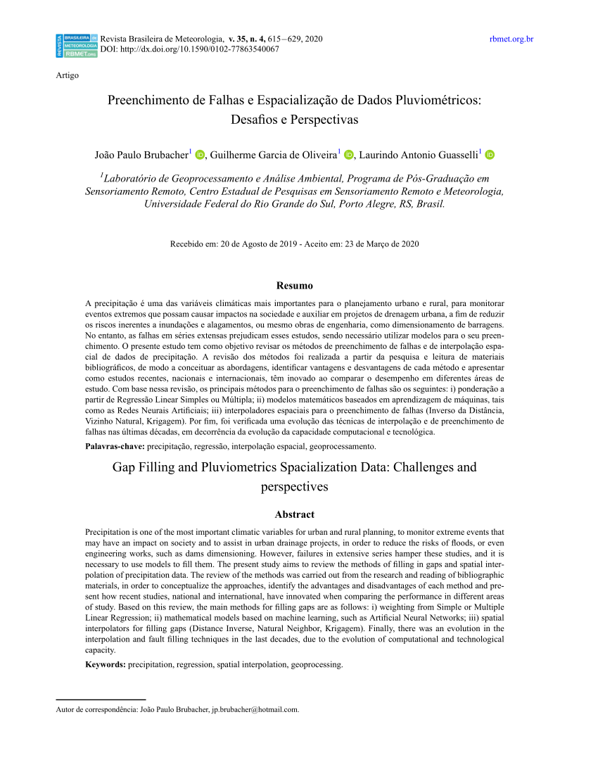 SciELO - Brasil - Preenchimento de Falhas e Espacialização de Dados  Pluviométricos: Desafios e Perspectivas Preenchimento de Falhas e  Espacialização de Dados Pluviométricos: Desafios e Perspectivas