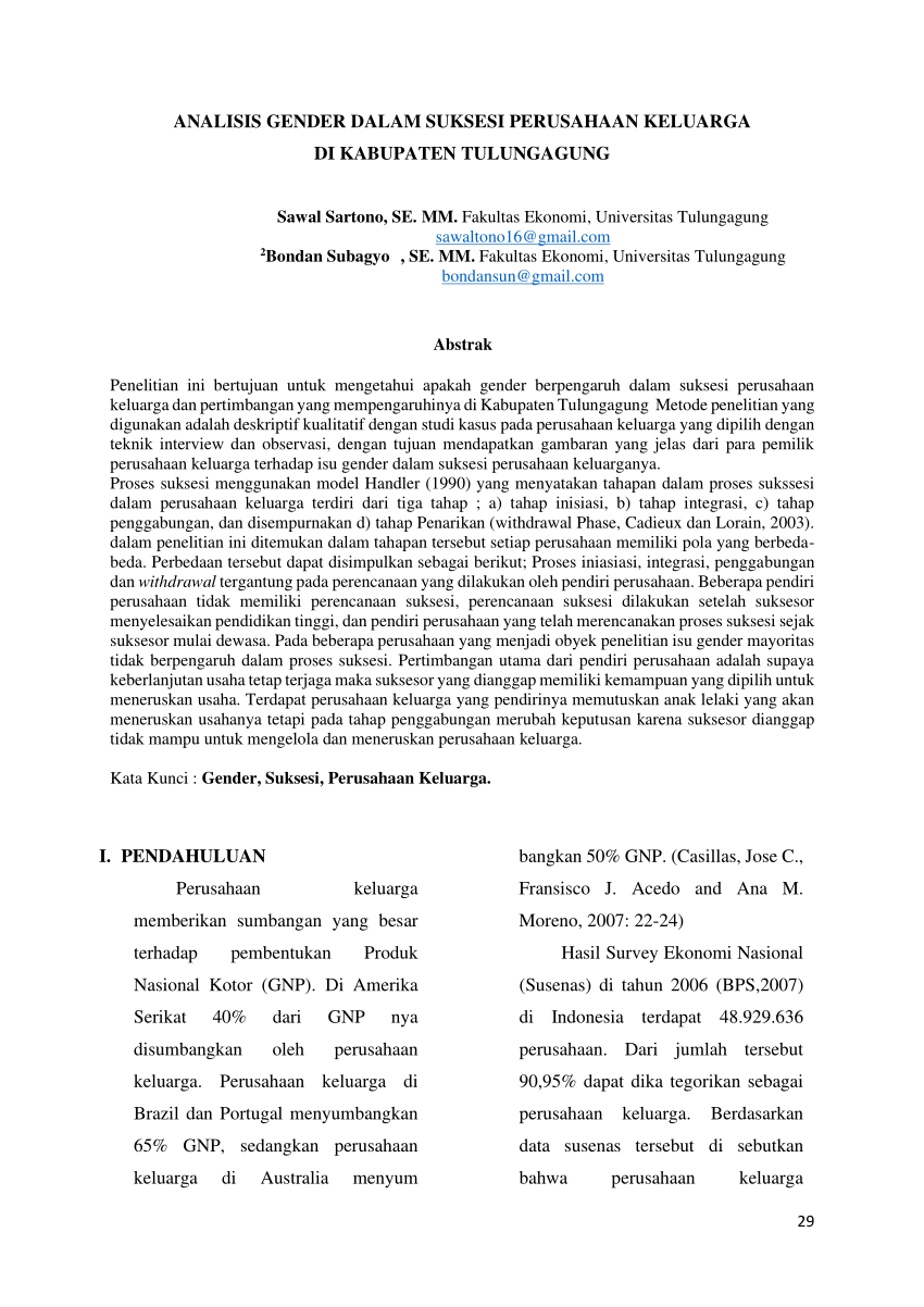 Pdf Analisis Gender Dalam Suksesi Perusahaan Keluarga Di Kabupaten