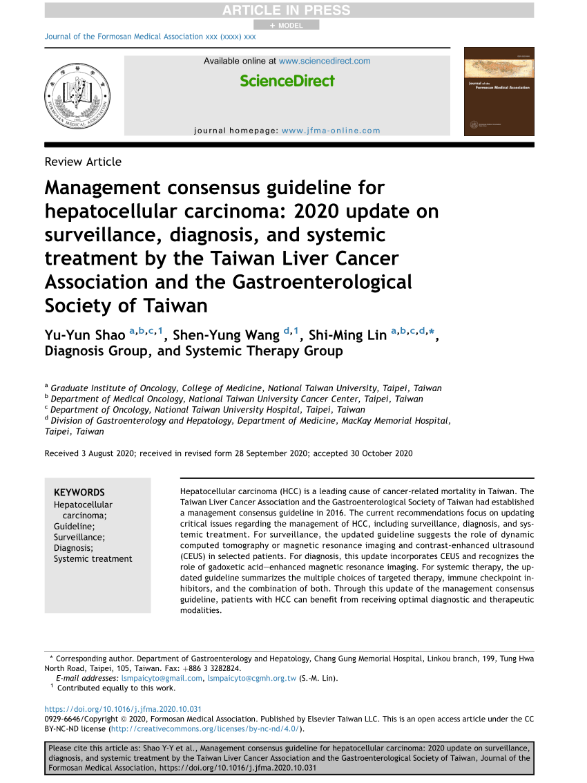 Pdf Management Consensus Guideline For Hepatocellular Carcinoma Update On Surveillance Diagnosis And Systemic Treatment By The Taiwan Liver Cancer Association And The Gastroenterological Society Of Taiwan