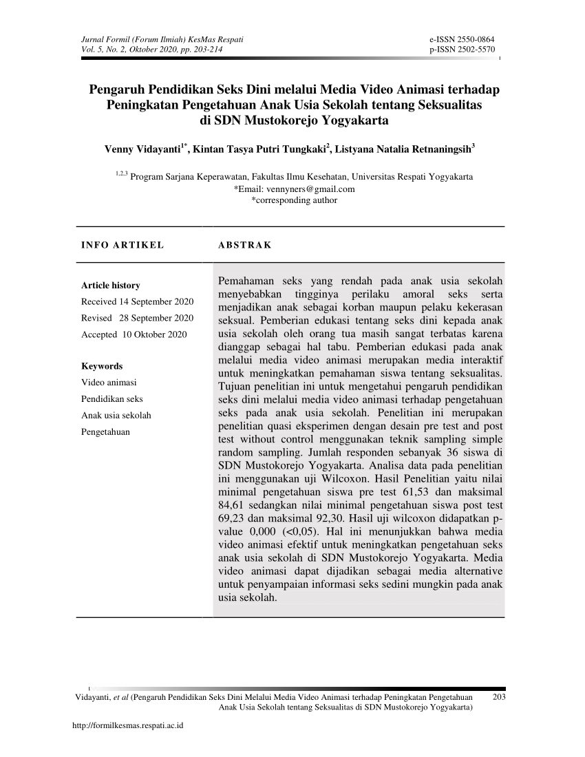 PDF) pengaruh pendidikan seks dini melalui media video animasi terhadap  peningkatan pengetahuan anak usia sekolah tentang seksualitas di sdn  mustokorejo yogyakarta