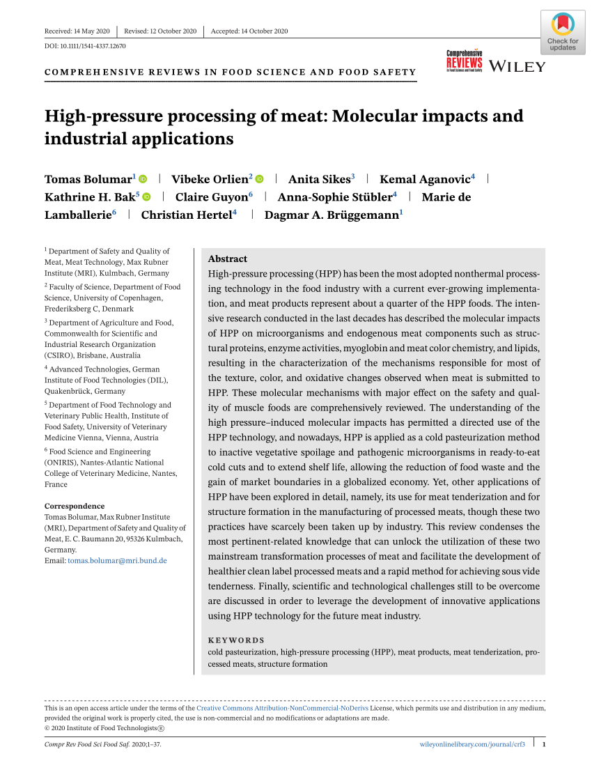 Pdf High Pressure Processing Of Meat Molecular Impacts And Industrial Applications