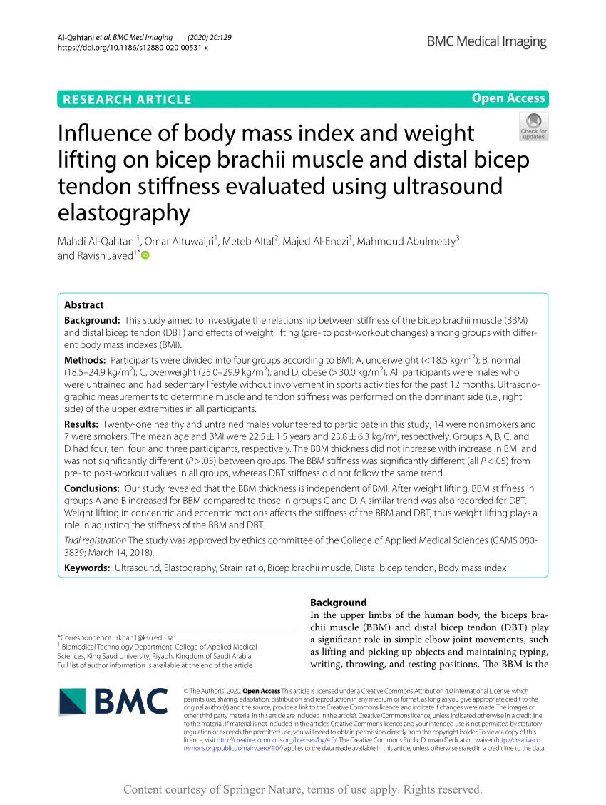 PDF) Influence of body mass index and weight lifting on bicep ...