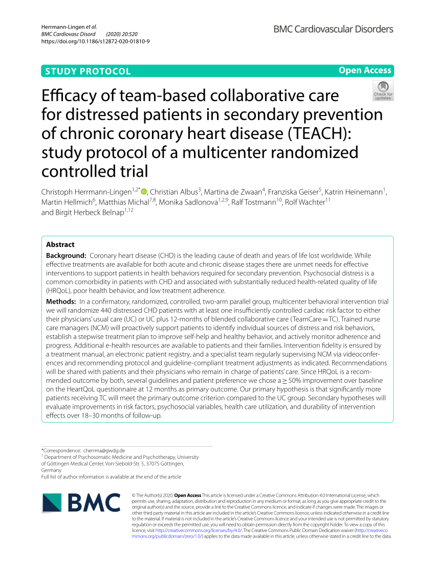 Pdf Efficacy Of Team Based Collaborative Care For Distressed Patients In Secondary Prevention Of Chronic Coronary Heart Disease Teach Study Protocol Of A Multicenter Randomized Controlled Trial