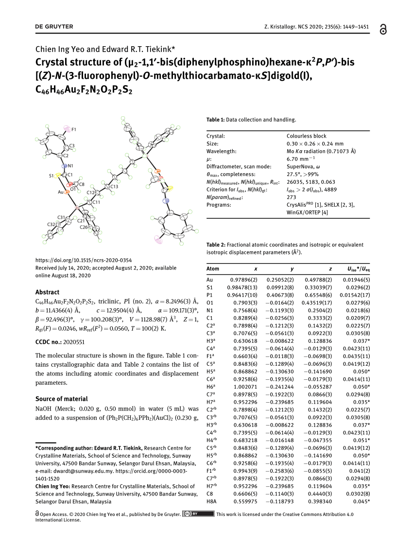 Pdf Crystal Structure Of M2 1 1 Bis Diphenylphosphino Hexane K2p P Bis Z N 3 Fluorophenyl O Methylthiocarbamato Ks Digold I C46h46au2f2n2o2p2s2