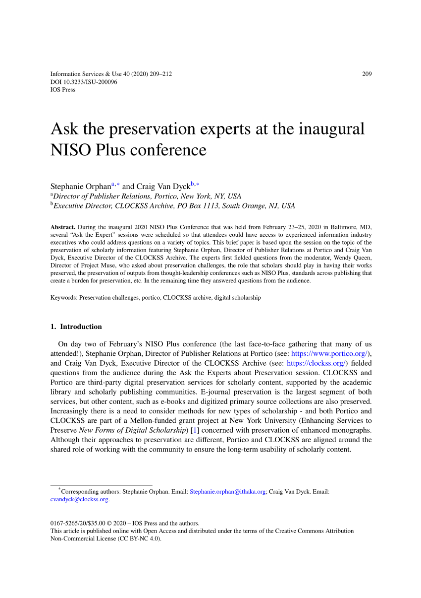 (PDF) Ask the preservation experts at the inaugural NISO Plus conference