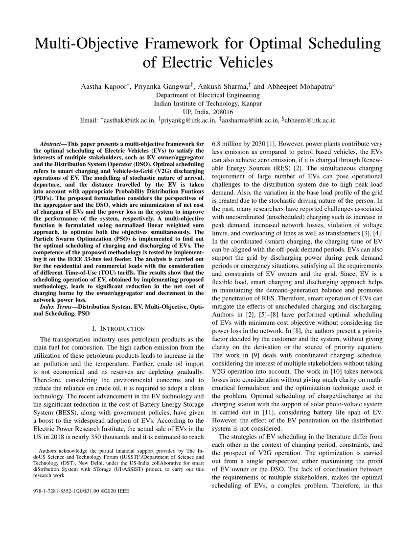 (PDF) MultiObjective Framework for Optimal Scheduling of Electric Vehicles