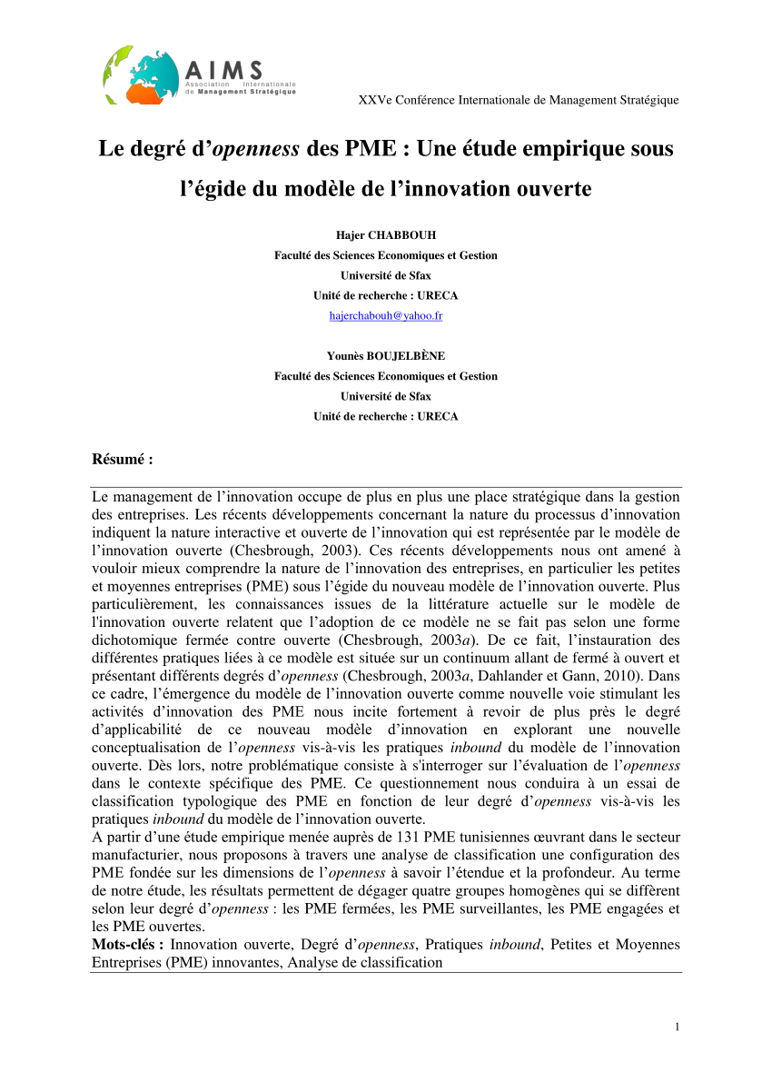 Pdf Le Degré Dopenness Des Pme Une étude Empirique Sous Légide Du Modèle De Linnovation 8835