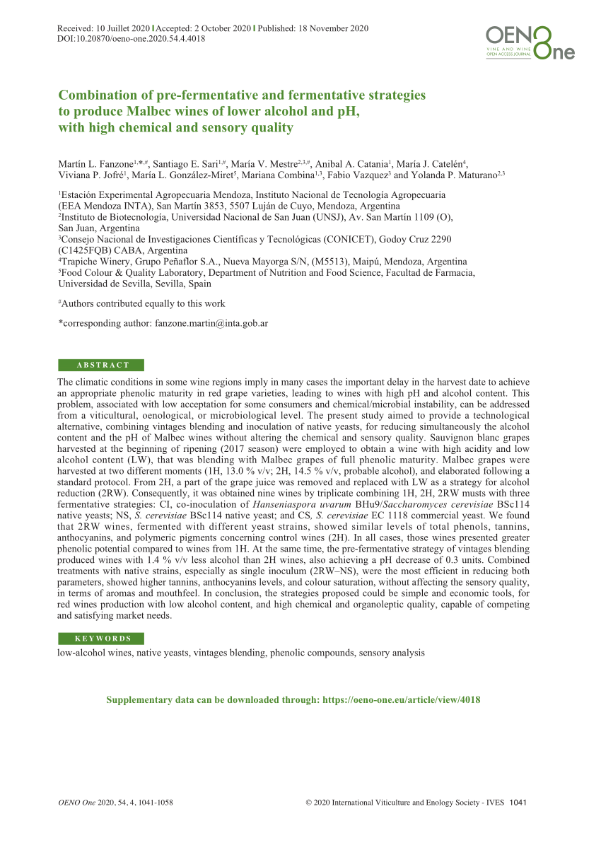 Pdf Combination Of Pre Fermentative And Fermentative Strategies To Produce Malbec Wines Of Lower Alcohol And Ph With High Chemical And Sensory Quality V I N E A N D W I N E Open Access Journal