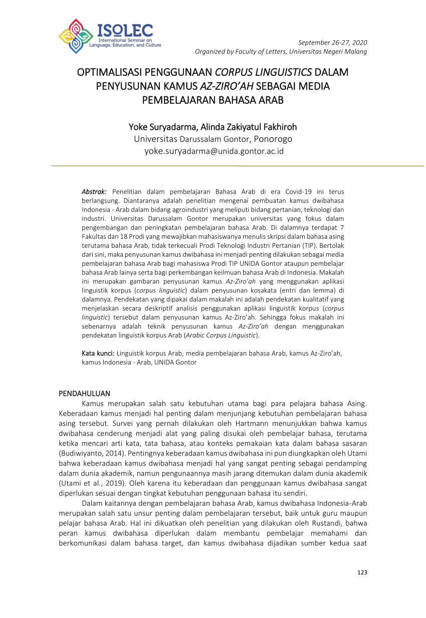 Pdf Optimalisasi Penggunaan Corpus Linguistics Dalam Penyusunan Kamus Az Ziro Ah Sebagai Media Pembelajaran Bahasa Arab