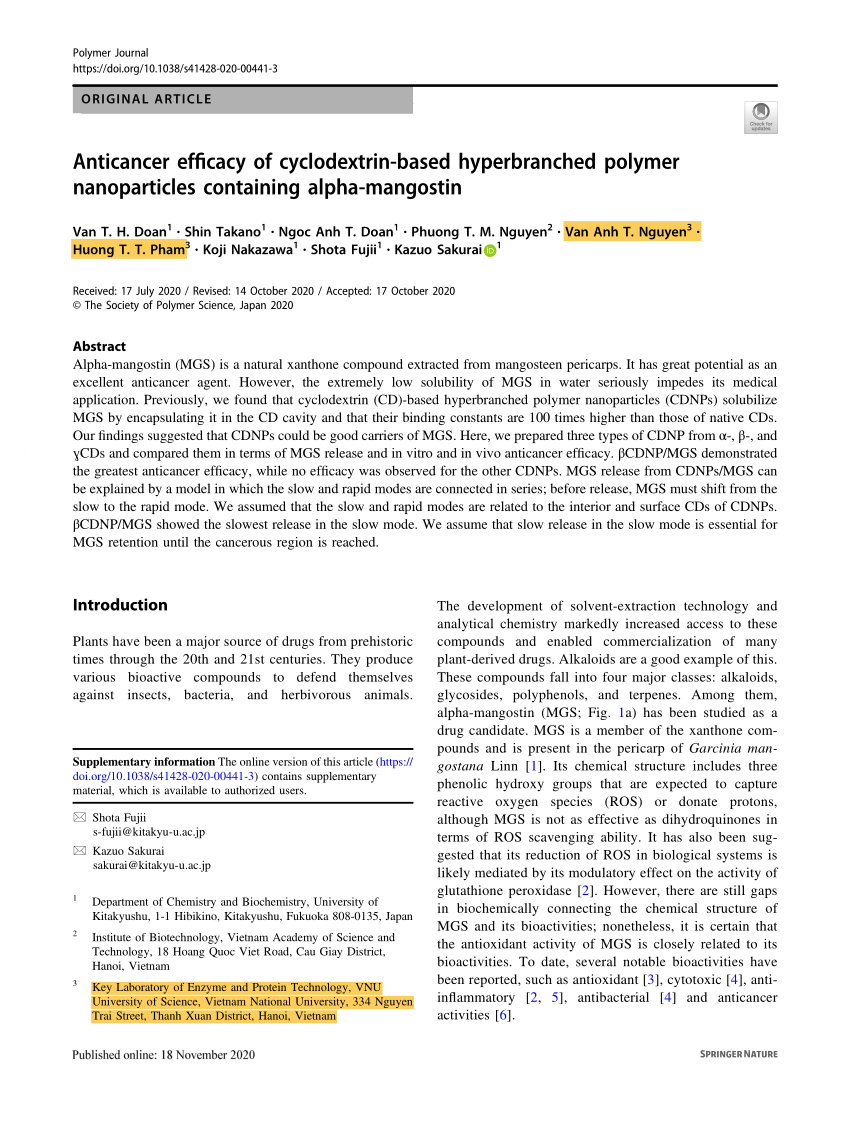 Hvert år Gå tilbage tilgive PDF) Anticancer efficacy of cyclodextrin-based hyperbranched polymer  nanoparticles containing alpha-mangostin