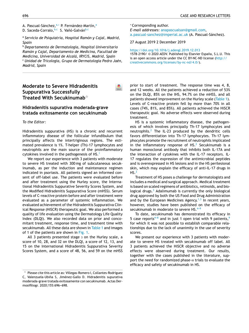 Pdf Moderate To Severe Hidradenitis Suppurativa Successfully Treated With Secukinumab 