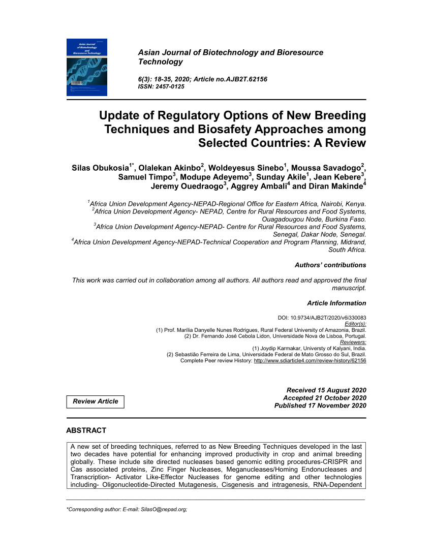 PDF) Update of Regulatory Options of New Breeding Techniques and Biosafety  Approaches among Selected Countries: A Review
