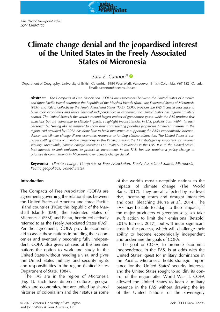 Pdf Climate Change Denial And The Jeopardised Interest Of The United States In The Freely Associated States Of Micronesia