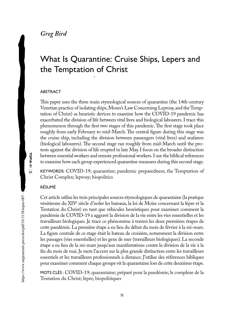 PDF) What Is Quarantine: Cruise Ships, Lepers and the Temptation