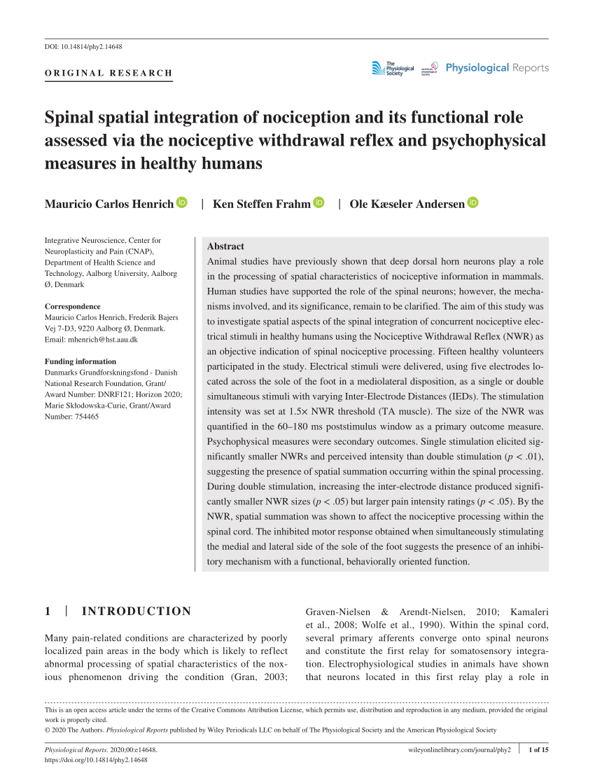 PDF) Spinal integration of nociception its functional role assessed via the nociceptive withdrawal reflex and psychophysical measures healthy humans
