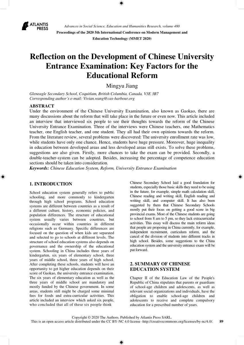 (PDF) Reflection on the Development of Chinese University Entrance
