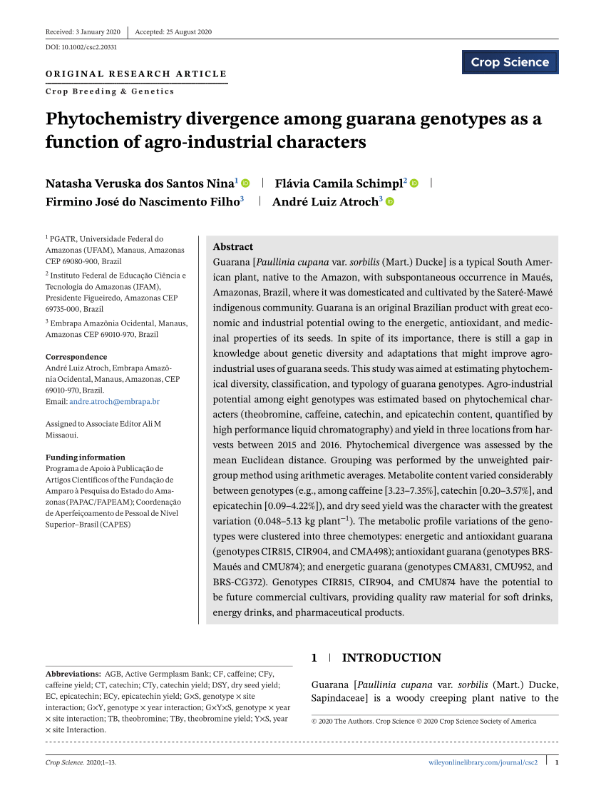 Pdf Phytochemistry Divergence Among Guarana Genotypes As A Function Of Agro Industrial Characters