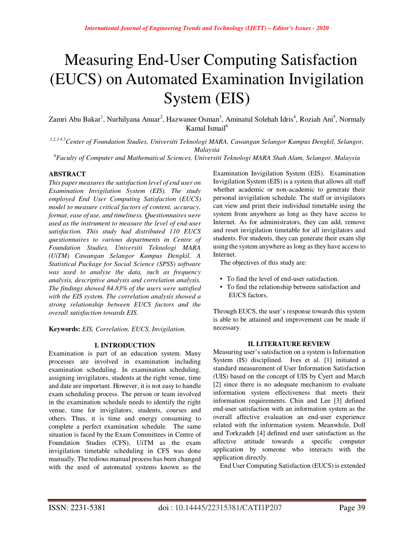 Pdf Measuring End User Computing Satisfaction Eucs On Automated Examination Invigilation System Eis