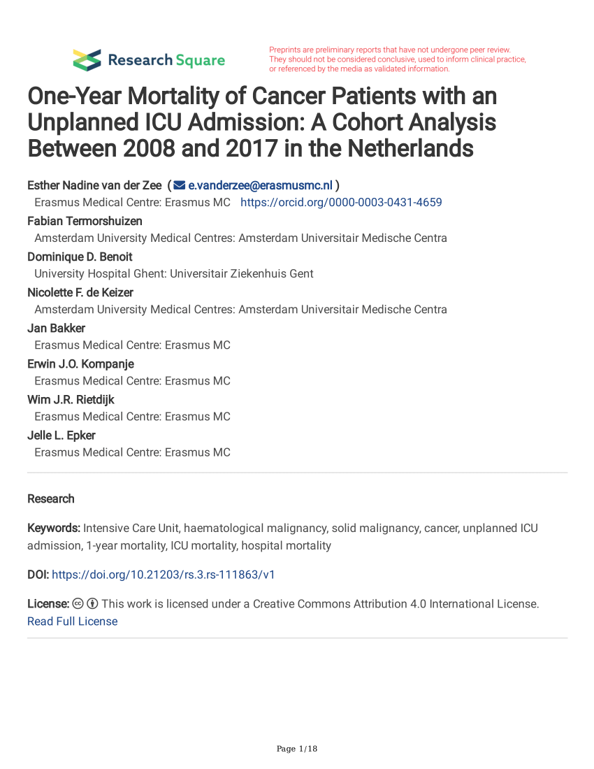 Pdf One Year Mortality Of Cancer Patients With An Unplanned Icu Admission A Cohort Analysis Between 2008 And 2017 In The Netherlands