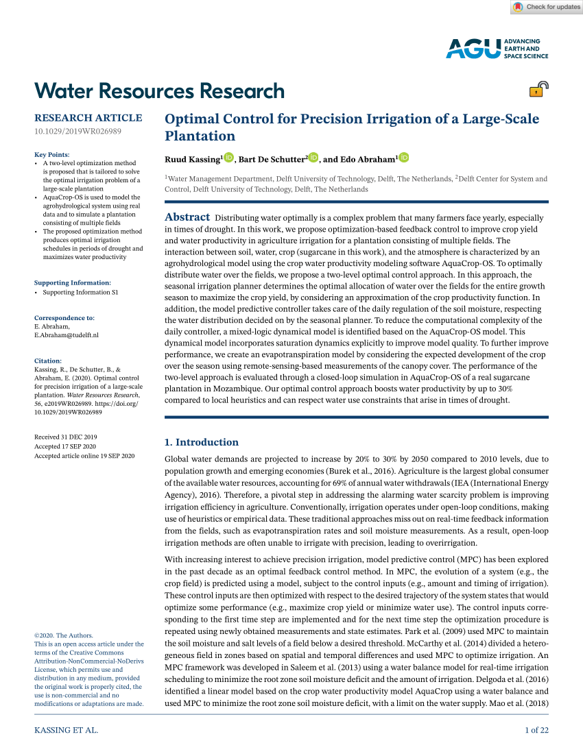 PDF) Optimal Control for Precision Irrigation of a Largeu2010Scale 