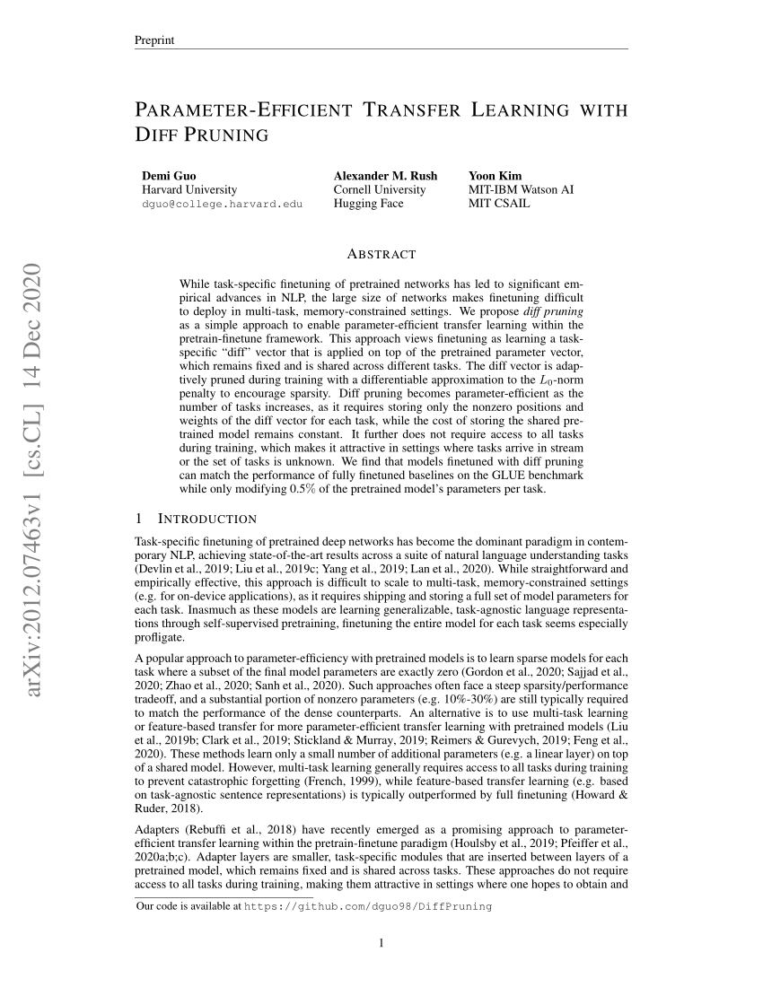 Pdf Parameter Efficient Transfer Learning With Diff Pruning