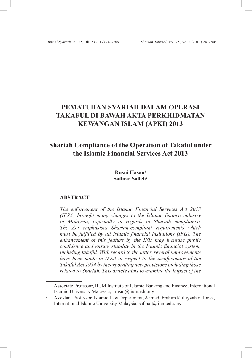 PDF) PEMATUHAN SYARIAH DALAM OPERASI TAKAFUL DI BAWAH AKTA 