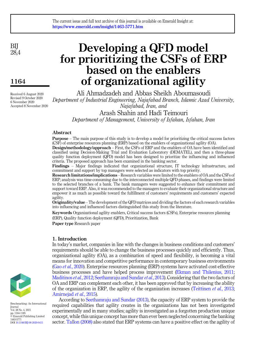 PDF) Developing a QFD model for prioritizing the CSFs of ERP based 