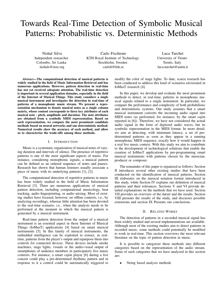 PDF) Towards Real-Time Detection of Symbolic Musical Patterns:  Probabilistic vs. Deterministic Methods