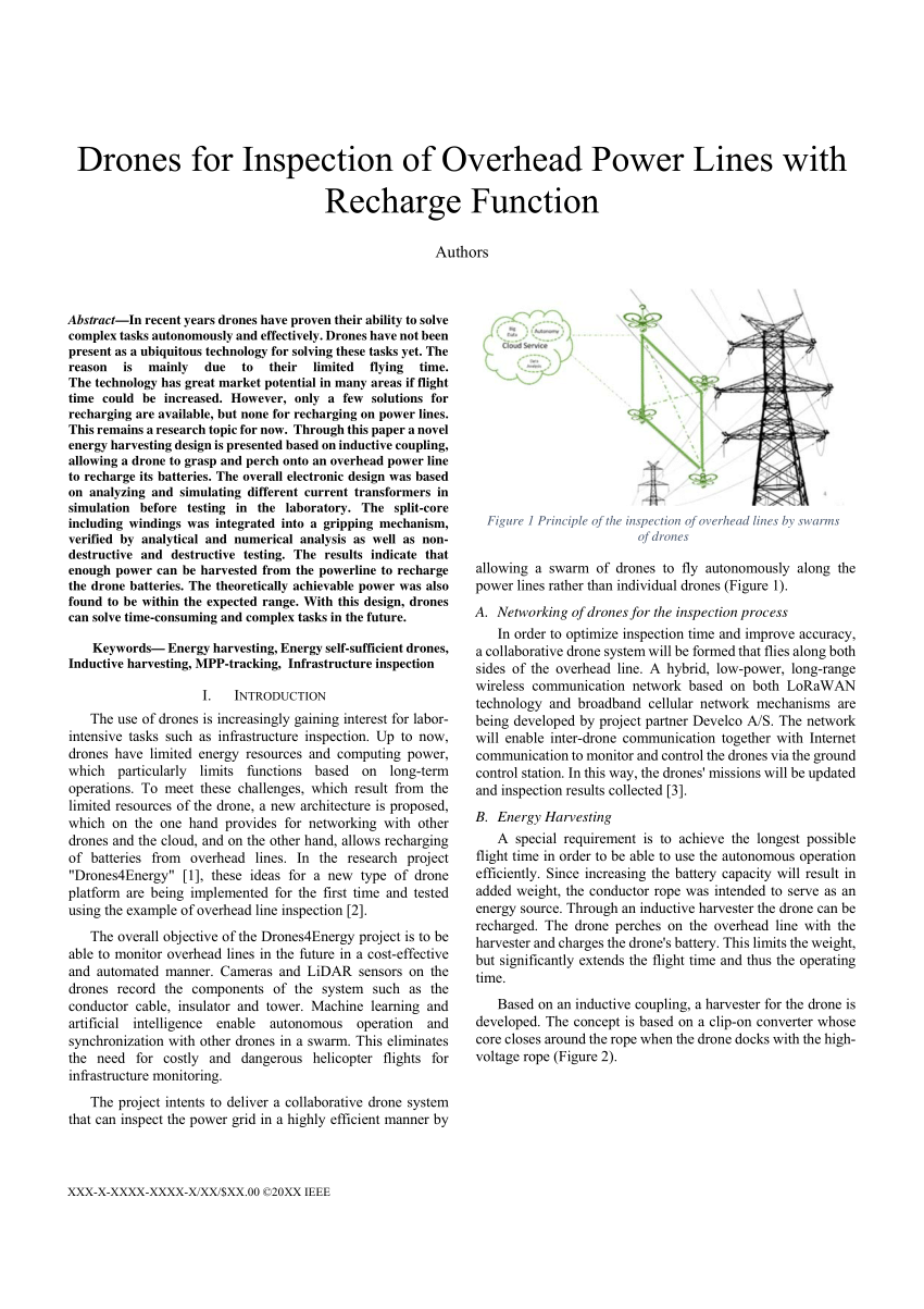 PDF) Drones for Inspection of Overhead Power Lines with Recharge Function