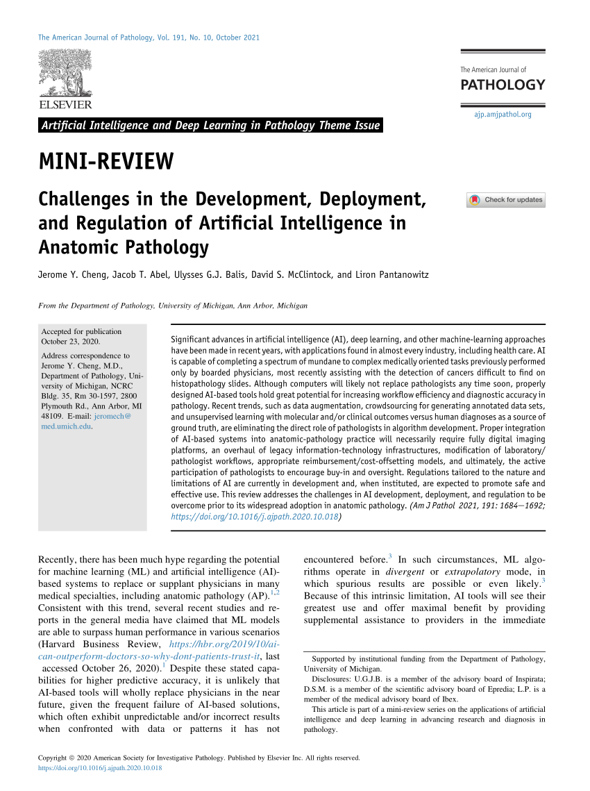 PDF) Challenges in the Development, Deployment & Regulation of Artificial  Intelligence (AI) in Anatomical Pathology