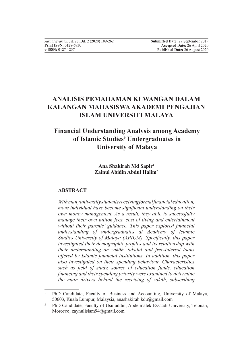 Pdf Analisis Pemahaman Kewangan Dalam Kalangan Mahasiswa Akademi Pengajian Islam Universiti Malaya