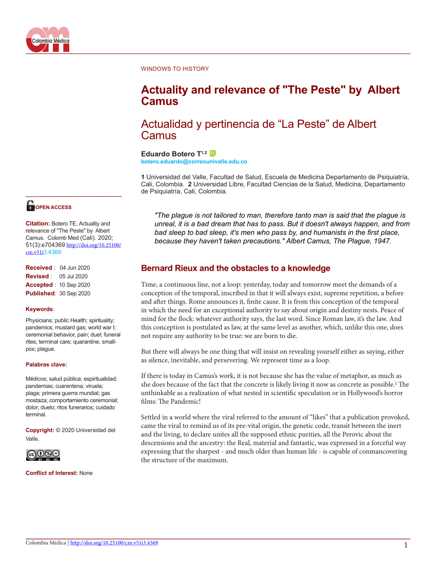 Pdf Actuality And Relevance Of The Peste By Albert Camus
