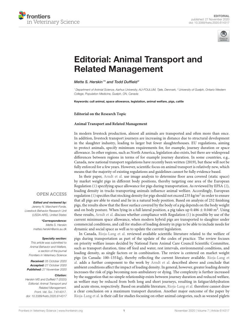 PDF) Editorial: Animal Transport and Related Management
