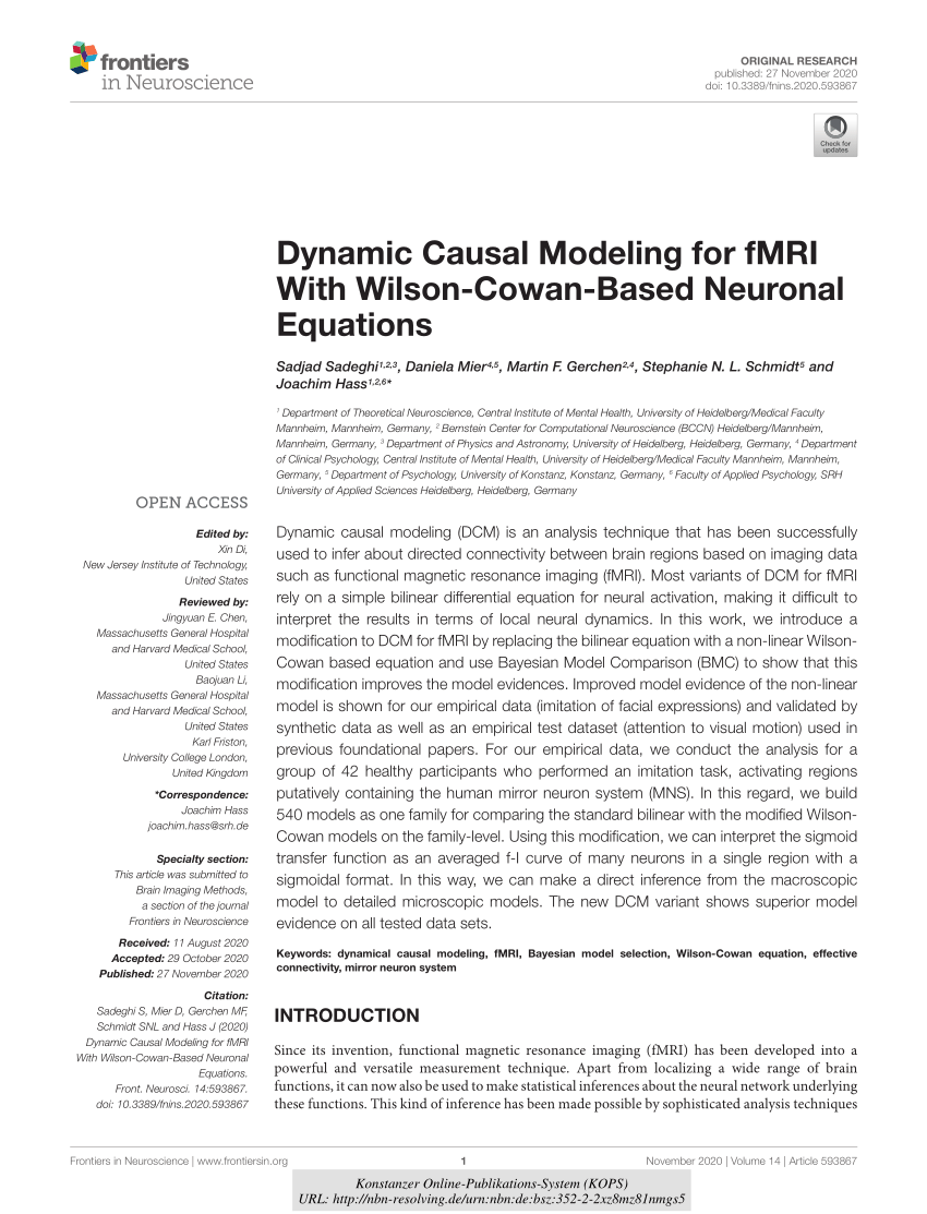 PDF) Dynamic Causal Modeling for fMRI With Wilson-Cowan-Based ...