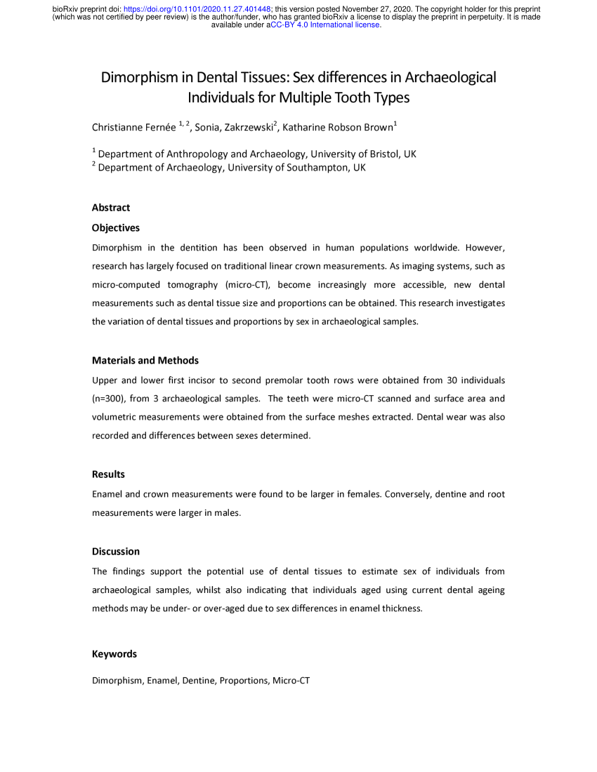 Pdf Dimorphism In Dental Tissues Sex Differences In Archaeological Individuals For Multiple 0197