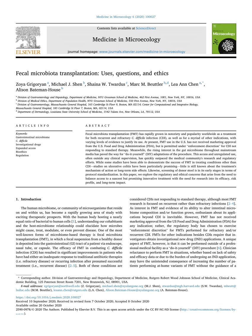 Pdf Fecal Microbiota Transplantation Uses Questions And Ethics