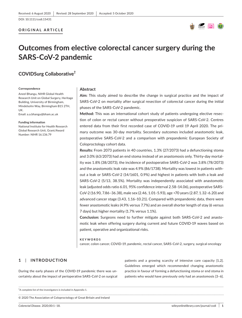 Pdf Outcomes From Elective Colorectal Cancer Surgery During The Sars Cov 2 Pandemic