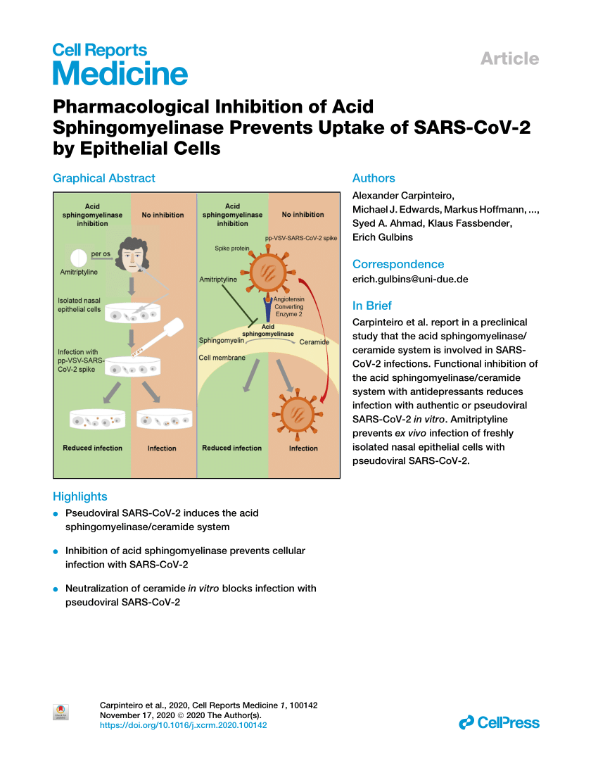 Pdf Pharmacological Inhibition Of Acid Sphingomyelinase Prevents Uptake Of Sars Cov 2 By Epithelial Cells