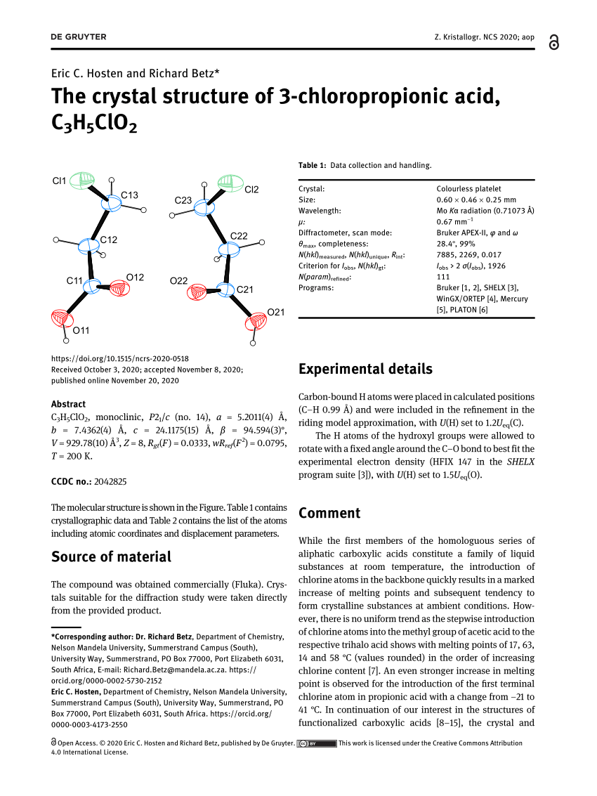 Pdf The Crystal Structure Of 3 Chloropropionic Acid C3h5clo2