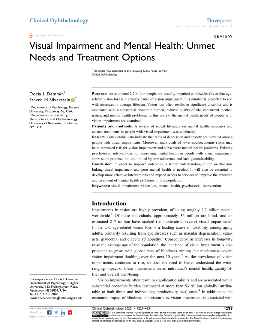 PDF) Visual Impairment and Mental Health: Unmet Needs and Treatment Options