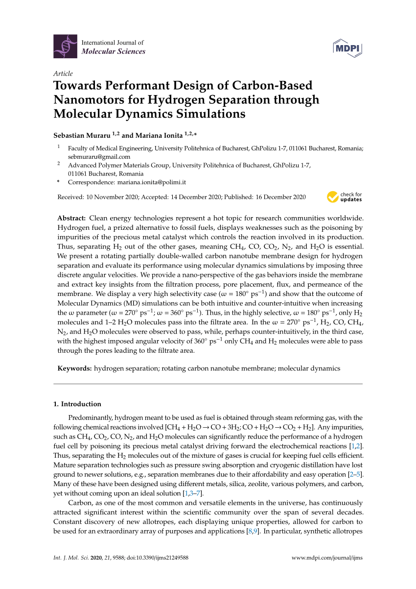 Pdf Towards Performant Design Of Carbon Based Nanomotors For Hydrogen Separation Through Molecular Dynamics Simulations