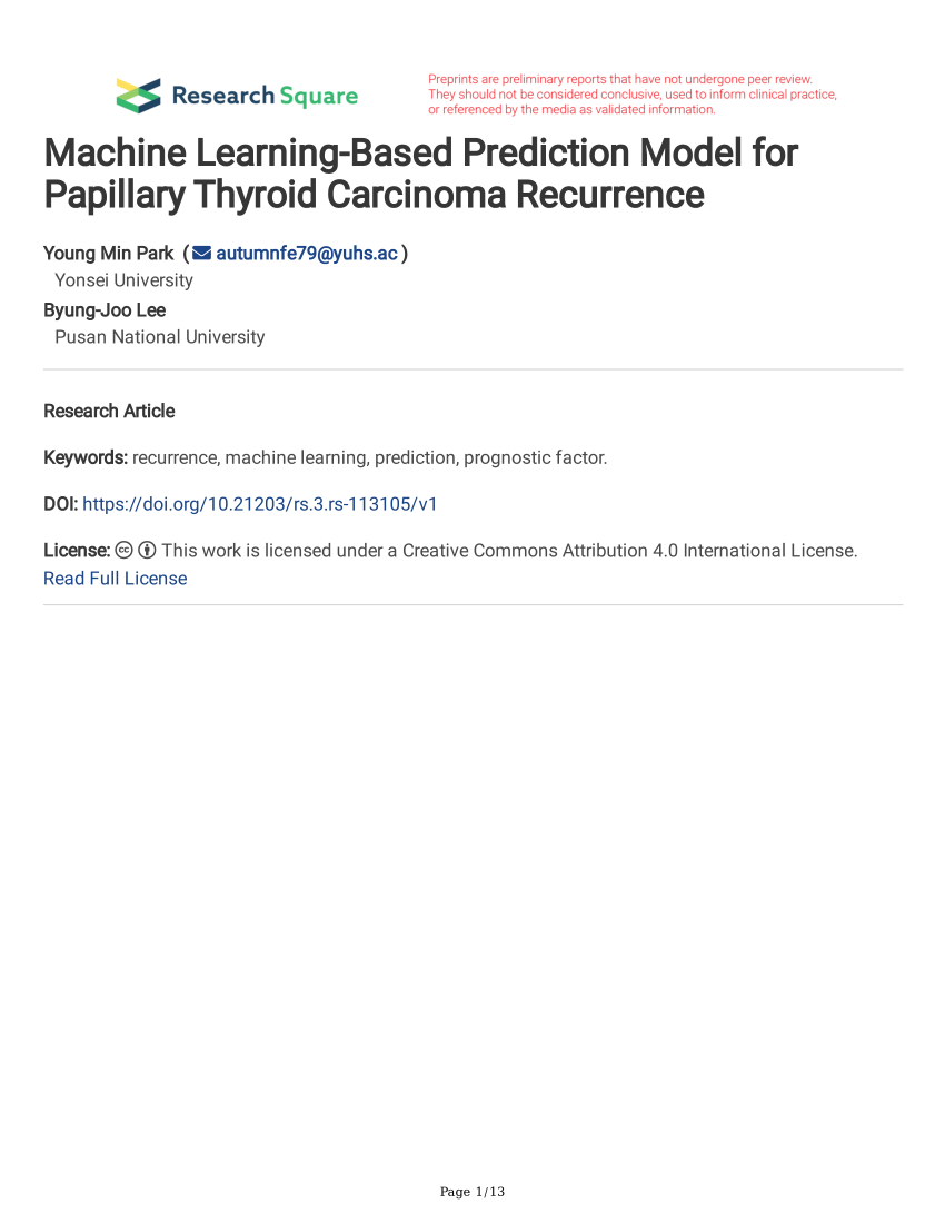 Pdf Machine Learning Based Prediction Model For Papillary Thyroid Carcinoma Recurrence