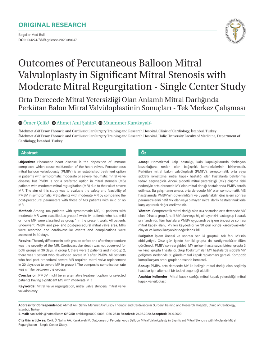 Pdf Outcomes Of Percutaneous Balloon Mitral Valvuloplasty In Significant Mitral Stenosis With Moderate Mitral Regurgitation Single Center Study