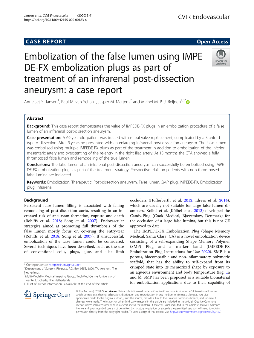 PDF) Embolization of false lumen IMPEDE-FX embolization plugs as part treatment of an infrarenal post-dissection aneurysm: a case report