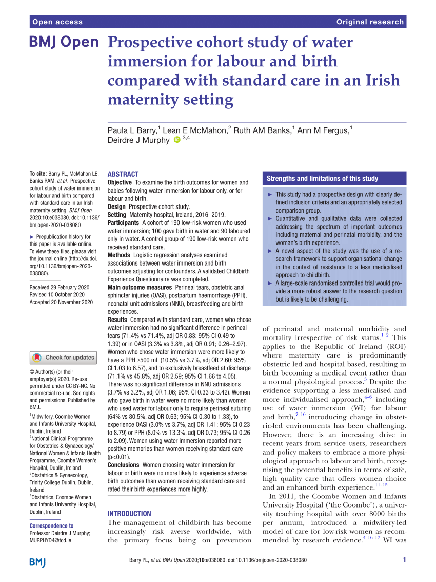 PDF) Prospective cohort study of water immersion for labour and birth  compared with standard care in an Irish maternity setting